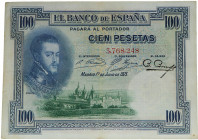 1925. Alfonso XIII (1886-1931). 100 Pesetas. Pick 69c. Sin serie y sello seco Gobierno Provisional. Muy raro. EBC-. Est.60.