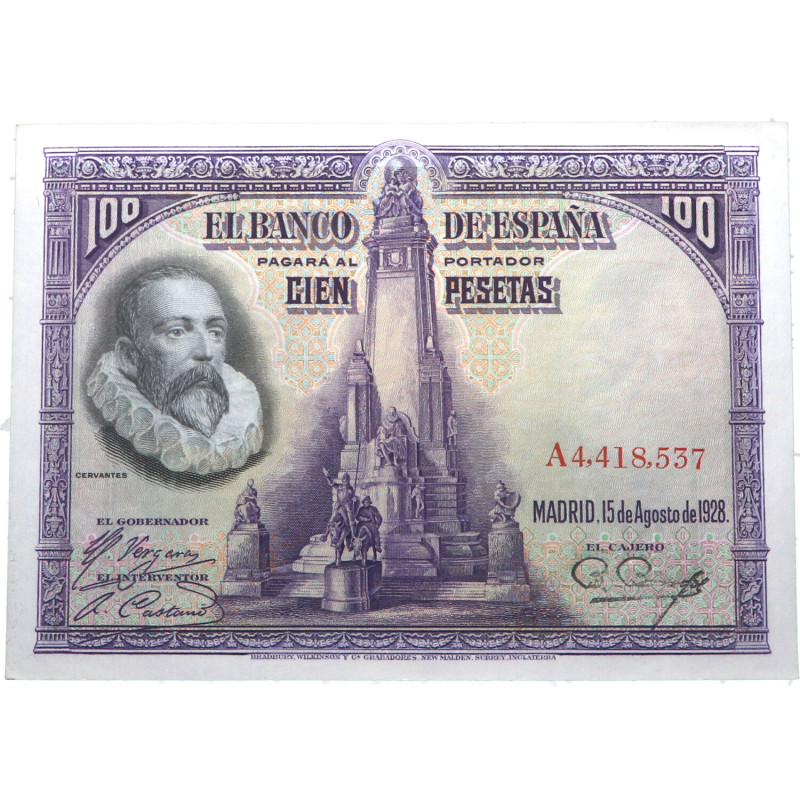 1928. II República (1931-1939). 100 Pesetas. Pick# 76a. Cervantes. EBC. Est.40.