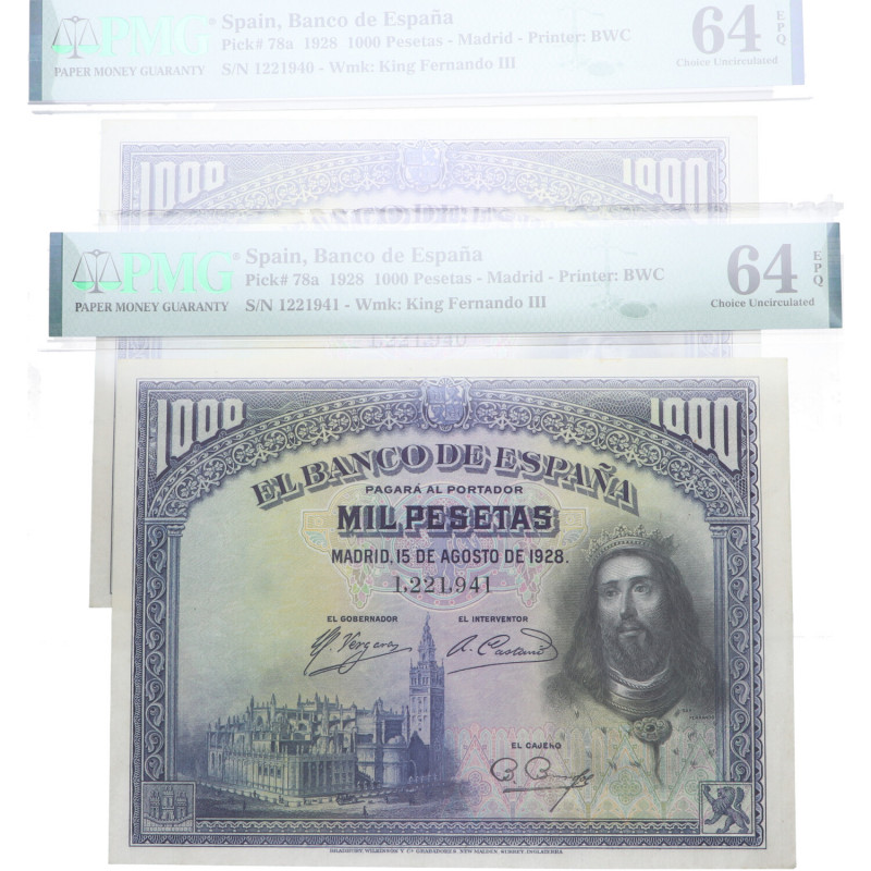 1928. II República (1931-1939). 1000 Pesetas . Pick# 78a. Ag. Pareja correlativa...