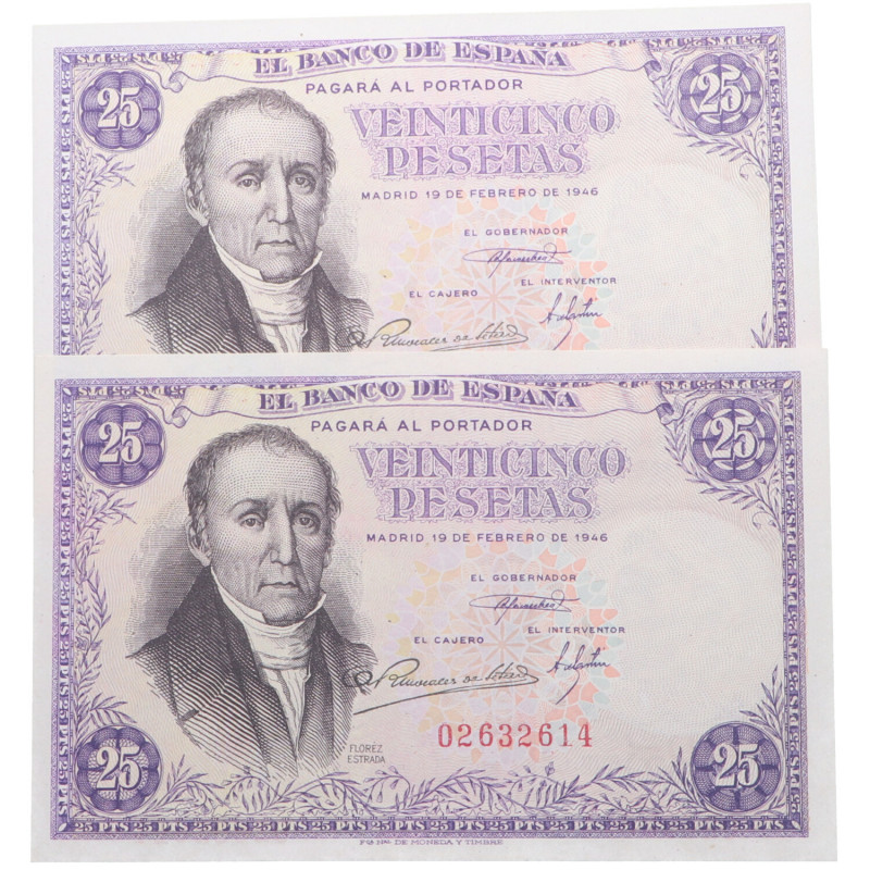 1946. Estado Español (1936-1975). Pareja correlativa: 25 pesetas. Sin serie. Fló...