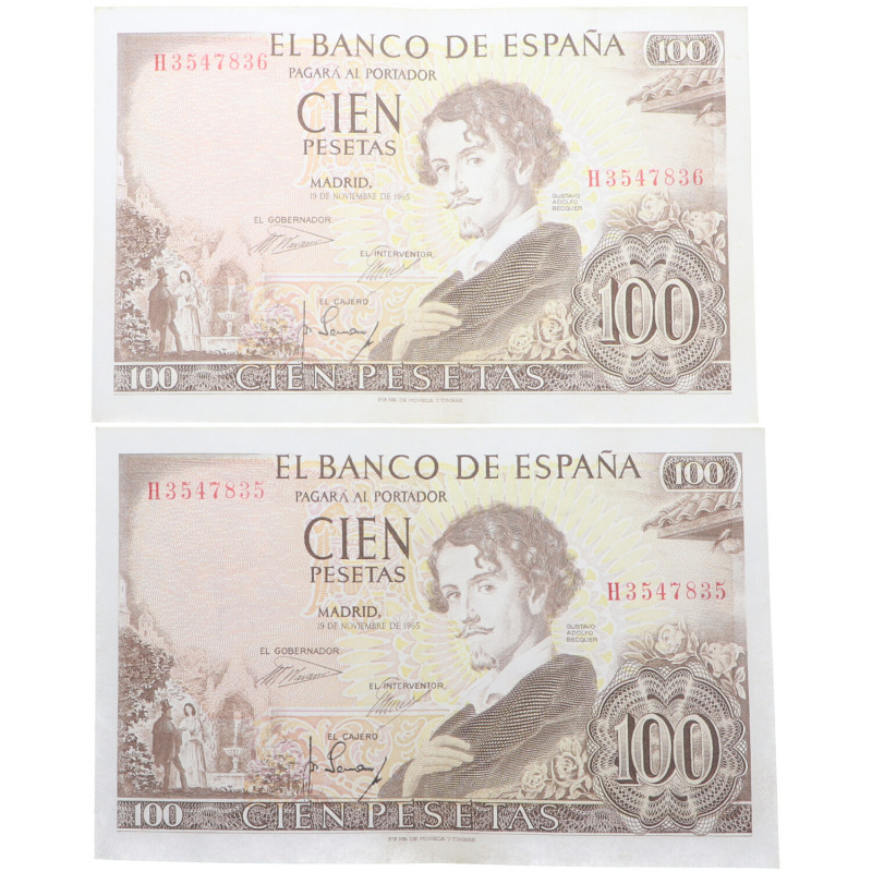 1965. Estado Español (1936-1975). Pareja de 100 Pesetas. Error doble firma en re...