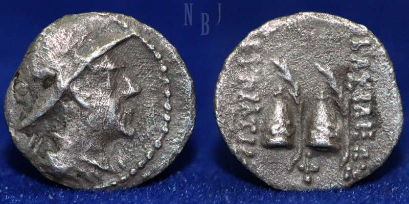 KINGS of BAKTRIA, Eukratides. I ca. 171-145 BC. AR Obol. (0.56gm, 10mm) Diademed...