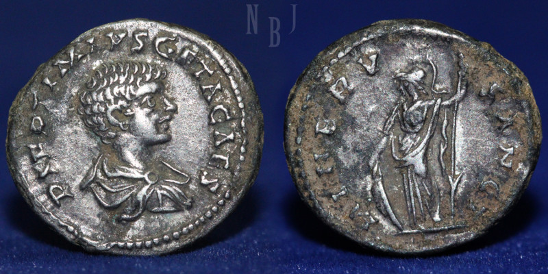 Geta Caesar, 198-209 Denarius circa 200-202, AR. (3.73gm, 19mm) Bare-headed, dra...