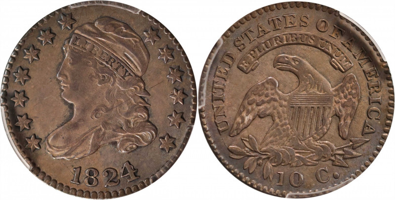 1824/2 Capped Bust Dime. JR-1. Rarity-1. AU-53 (PCGS).

Smoky tan-gray toning ...