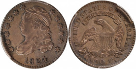 1824/2 Capped Bust Dime. JR-1. Rarity-1. AU-53 (PCGS).

Smoky tan-gray toning with hints of rose and peach throughout. Soft luster engages the perip...