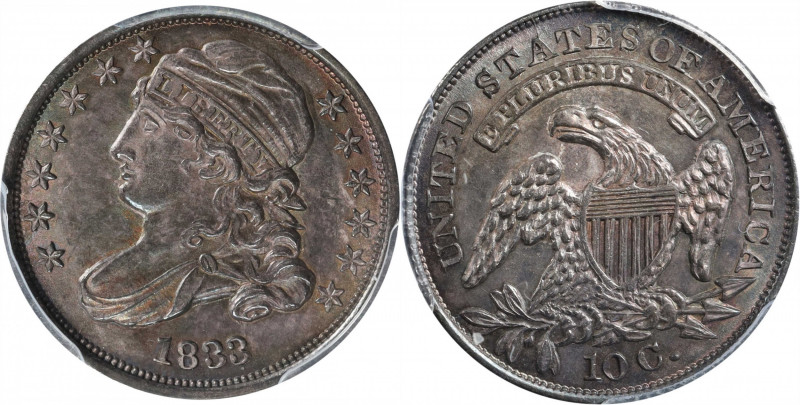 1833 Capped Bust Dime. JR-9. Rarity-2. MS-64 (PCGS).

Two points of star 13 cl...