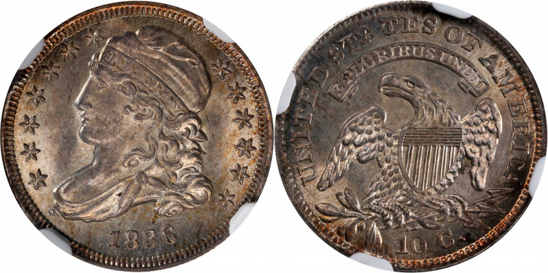 1836 Capped Bust Dime. JR-3. Rarity-3. MS-65 (NGC).

Bathed in medium argent-g...