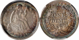1853 Liberty Seated Dime. Arrows. MS-65 (PCGS). CAC.

Exquisite target toning in cobalt blue, reddish-rose and silver-apricot greets the viewer from...
