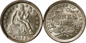 1853 Liberty Seated Dime. Arrows. MS-64+ (PCGS).

A brilliant and highly lustrous Choice example that is sure to catch the eye of high grade type co...
