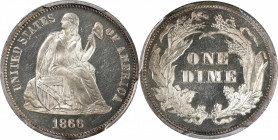 1866 Liberty Seated Dime. Proof-64 Deep Cameo (PCGS). CAC.

Brilliant surfaces allow ready appreciation of crisp field to device contrast. A lovely ...
