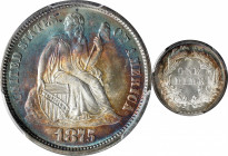 1875 Liberty Seated Dime. MS-66+ (PCGS). CAC.

Crescents of beautiful cobalt blue and reddish-apricot peripheral toning are more extensive on the ob...