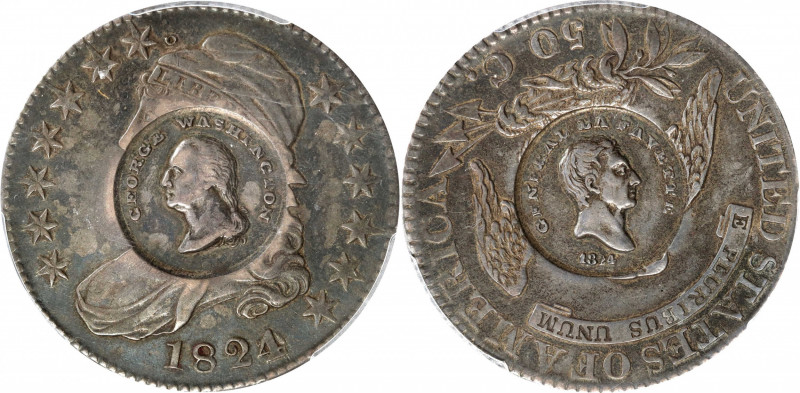 1824 Washington and Lafayette Counterstamps on an 1824 Capped Bust Half Dollar. ...