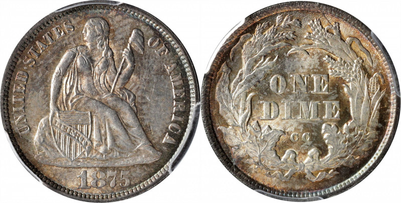 1875-CC Liberty Seated Dime. Mintmark Above Bow. MS-64 (PCGS).

Satiny and bol...