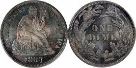 1883 Liberty Seated Dime. MS-67 (PCGS). CAC.

Rich grayish-purple and sea-green toning resides on both sides of this Superb Gem. Frosty luster shine...