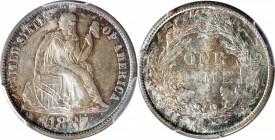 1887-S Liberty Seated Dime. MS-66 (PCGS).

Peripherally toned in iridescent powder blue and reddish-apricot, this frosty and sharply struck example ...
