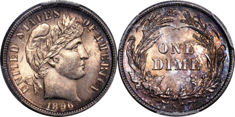 1896-S Barber Dime. MS-64 (PCGS). CAC.

A blend of russet, gold and purple iri...
