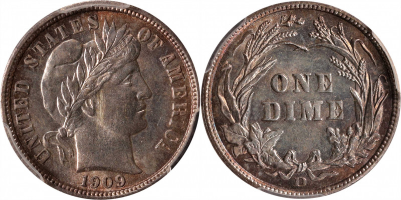 1909-D Barber Dime. MS-63 (PCGS).

A scarce date and mint this nice, with stee...