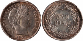 1909-D Barber Dime. MS-63 (PCGS).

A scarce date and mint this nice, with steel-silver surfaces that are graced by reddish-russet color around the r...