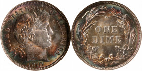 1910-S Barber Dime. MS-64 (NGC). CAC. OH.

Beautiful multicolored iridescence circles the border areas on both sides, the centers remain untoned. A ...