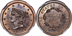 1843 Braided Hair Half Cent. First Restrike. B-2. Rarity-6. Small Berries, Reverse of 1856. Proof-65 RB (NGC).

The lovely Gem-quality surfaces are ...
