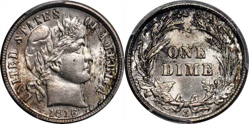1916-S Barber Dime. MS-66 (PCGS). CAC.

This fully struck Gem features olive-r...
