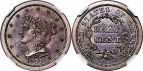 1844 Braided Hair Half Cent. Second Restrike. B-3. Rarity-6. Small Berries, Reverse of 1840. Proof-66 BN (NGC).

Here is an exciting coin for the sp...