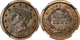 1845 Braided Hair Half Cent. Second Restrike. B-3. Rarity-6. Small Berries, Reverse of 1840. Proof-67 BN (NGC).

This truly incredible specimen offe...