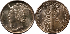 1920-D Mercury Dime. MS-64 FB (PCGS).

A satiny example with intense underlying luster that supports splashes of rich antique-gold color on each sid...