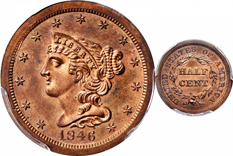 1846 Braided Hair Half Cent. First Restrike. B-2. Rarity-7+. Small Berries, Reve...