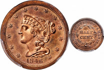 1846 Braided Hair Half Cent. First Restrike. B-2. Rarity-7+. Small Berries, Reverse of 1856. Proof-65+ RB (PCGS). CAC.

80.2 grains. A magnificent G...