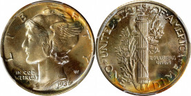 1936 Mercury Dime. MS-68 FB (PCGS).

Mostly pearl-gray in the central areas changing to coppery-gold and multicolored iridescence at selected periph...