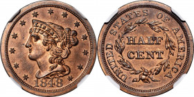 1848 Braided Hair Half Cent. First Restrike. B-2. Rarity-5. Small Berries, Reverse of 1856. Proof-65+ RB (NGC). CAC.

83.7 grains. Mostly bright ora...