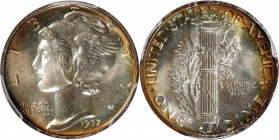 1937 Mercury Dime. Proof-68 (PCGS).

Virtually pristine, this otherwise silver-tinged specimen is further enhanced by vivid reddish-apricot peripher...
