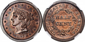1857 Braided Hair Half Cent. B-2. Rarity-4. Proof-66 RB (NGC).

This is a pretty half cent with splashes of steely-brown toning that are most preval...