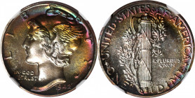 1942 Mercury Dime. Proof-68 * (NGC).

Crescents of vivid cobalt blue, pinkish-rose and golden-apricot iridescence ring the peripheries on both sides...