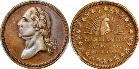 "1799" (ca. 1863) Undraped Washington / Liberty Cap Medal. By George Hampden Lovett. Musante GW-513, Baker-148. Copper. MS-66 RB (PCGS).

29 mm. Han...