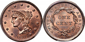1840 Braided Hair Cent. N-6. Rarity-1. Large Date. MS-66 RB (PCGS). CAC.

This Gem 1840 cent offers phenomenal quality and eye appeal for the type, ...