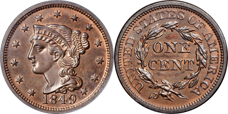 1849 Braided Hair Cent. N-18. Rarity-6. Proof-65 RB (PCGS). CAC.

We are delig...