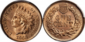 1868 Indian Cent. MS-66 RD (PCGS).

This lovely example is drenched in vivid mint color in light pinkish-rose. The texture is soft and frosty, the s...