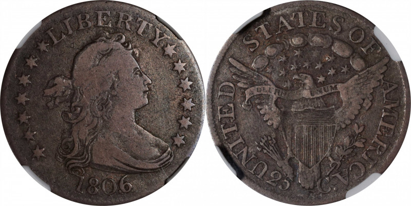 1806/5 Draped Bust Quarter. B-1. Rarity-2. Fine-15 (NGC).

Warmly and evenly t...