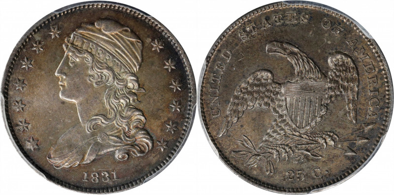 1831 Capped Bust Quarter. B-1. Rarity-3. Small Letters. MS-64+ (PCGS).

This r...