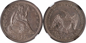 1853/53 Liberty Seated Quarter. No Arrows. Briggs 1-A, FS-301. Repunched Date. AU-53 (NGC).

The mintage of this scarce issue is a mere 44,200 piece...