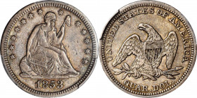 1853 Liberty Seated Quarter. No Arrows or Rays. Briggs 1-A, FS-301. Repunched Date. VF-35 (PCGS).

A desirable transitional type with lovely detail ...