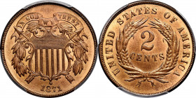 1871 Two-Cent Piece. MS-66+ RD (PCGS).

A radiant Gem displaying terra-cotta Mint red hues. The surfaces are intensely lustrous, satiny in the field...