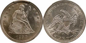 1858 Liberty Seated Quarter. MS-65 (PCGS). CAC.

This lovely example is mostly brilliant with just a hint of pastel-lemon color on the obverse and s...