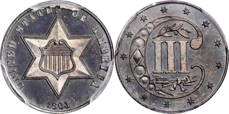 1863/2 Silver Three-Cent Piece. Proof-66+ Cameo (PCGS). CAC.

An absolutely st...