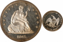 1865 Liberty Seated Quarter. Proof-63 (PCGS). CAC. OGH.

Brilliant apart from halos of iridescent golden-apricot peripheral toning, this impressivel...