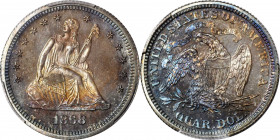 1868 Liberty Seated Quarter. Proof-66+ (PCGS). CAC.

A lovely specimen dressed in rich cobalt-blue color overall with a touch of bright gold on the ...