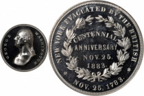 1883 Evacuation of New York Medal. Musante GW-1002, Baker-459B. White Metal. Proof-65 Cameo (NGC).

45 mm. The white metal counterpart to the copper...