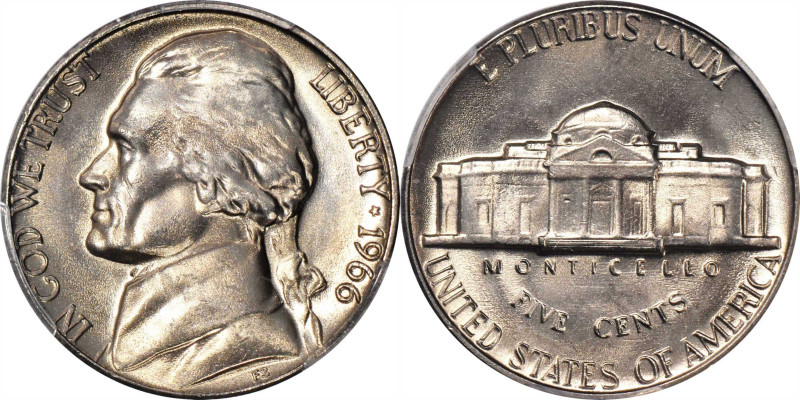 1966 Jefferson Nickel. MS-65+ FS (PCGS).

Brilliant satin-white surfaces are f...